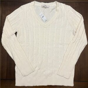 NWT‎ Women's Loft Ivory Cable Knit Sweater Large Lightweight V Neck Preppy